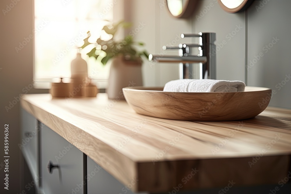 rustic wooden bowl on a wooden countertop created with Generative AI technology