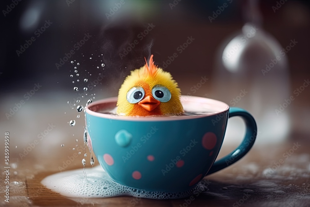 yellow bird perched inside a blue cup created with Generative AI technology