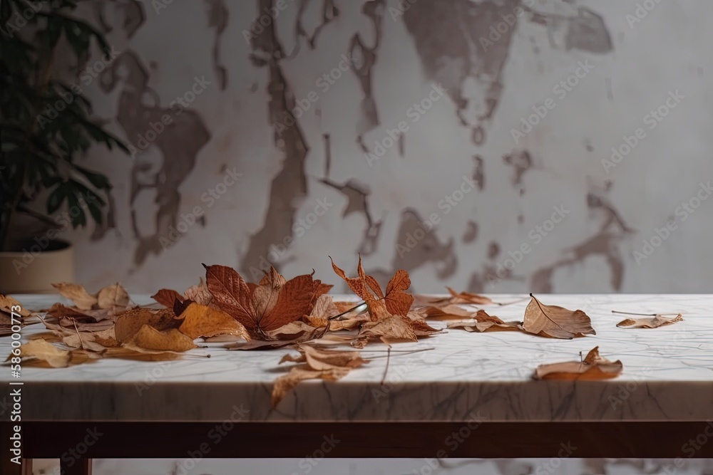 wooden table filled with an abundance of leaves on its surface created with Generative AI technology