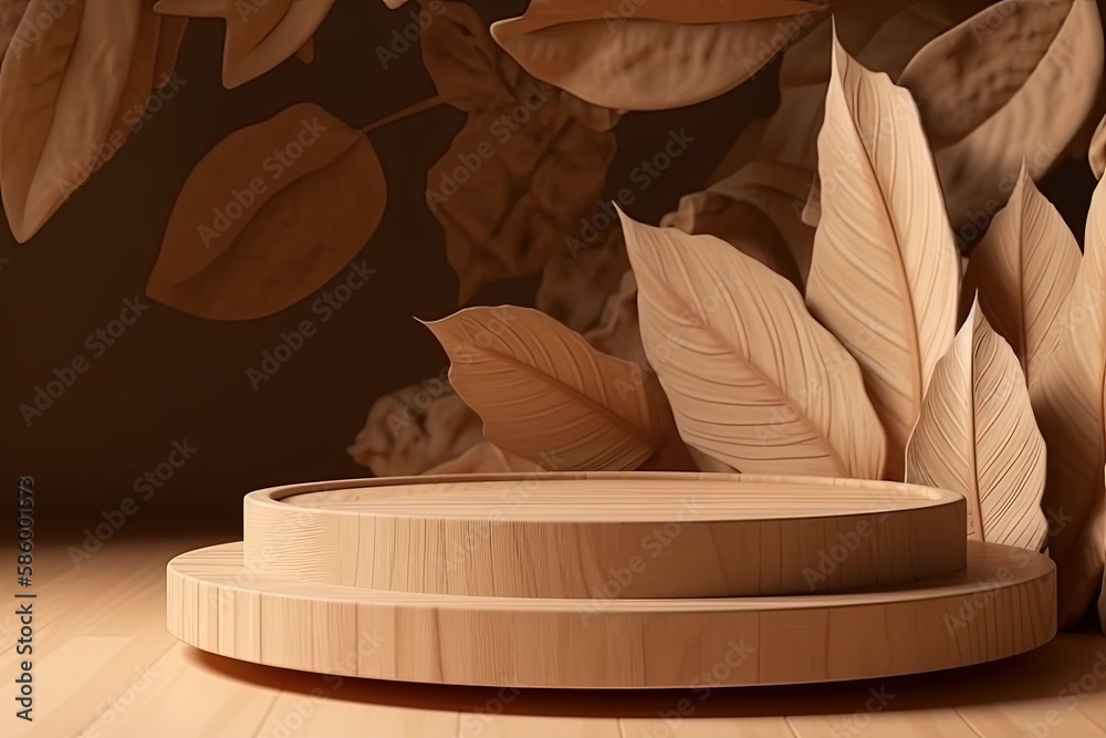 wooden stand with a botanical display in front of a leafy wall created with Generative AI technology