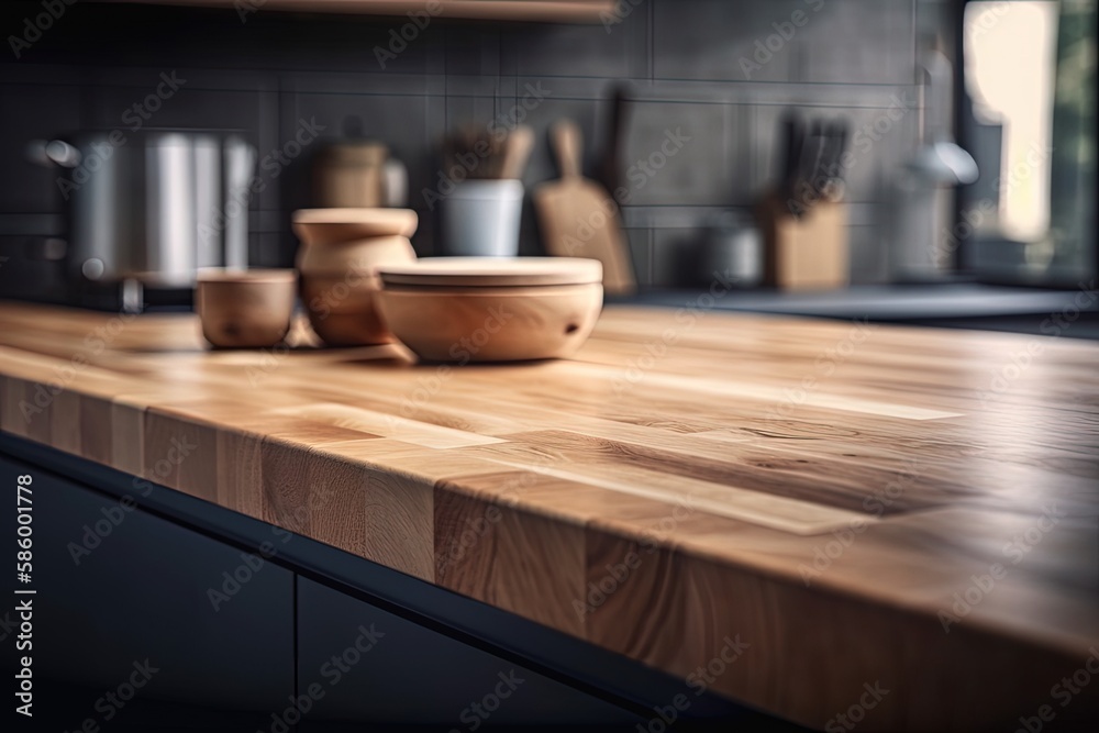 modern kitchen with a stylish wooden countertop created with Generative AI technology