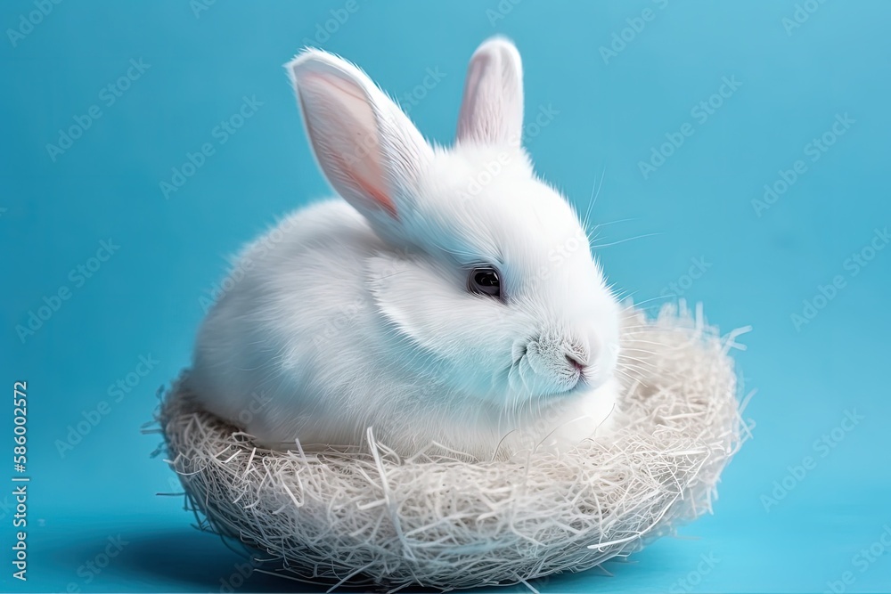 cute white rabbit sitting in a nest on a blue background created with Generative AI technology