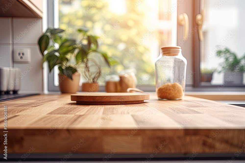 minimalist wooden cutting board with a sleek glass jar resting on its surface created with Generativ