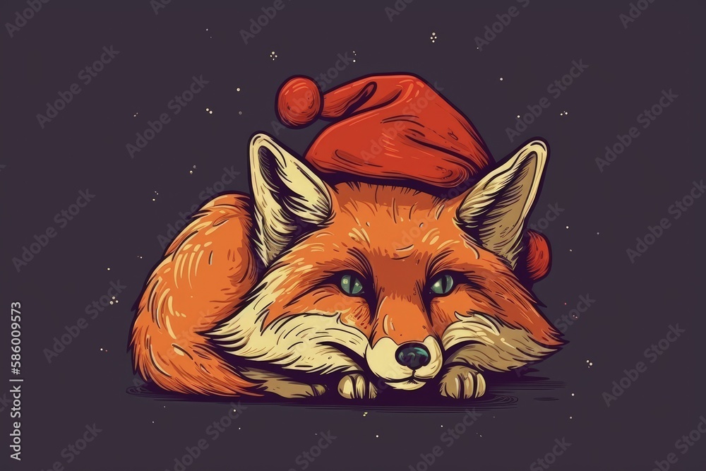 festive red fox wearing a Santa hat created with Generative AI technology