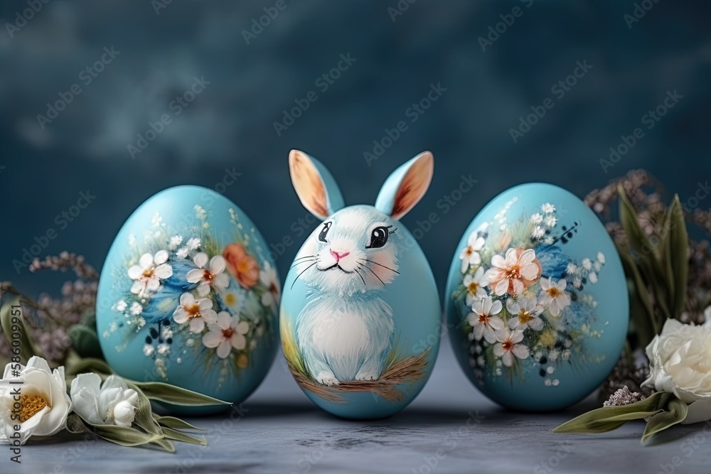 Illustration of three colorful Easter eggs adorned with floral designs and a cute bunny created with