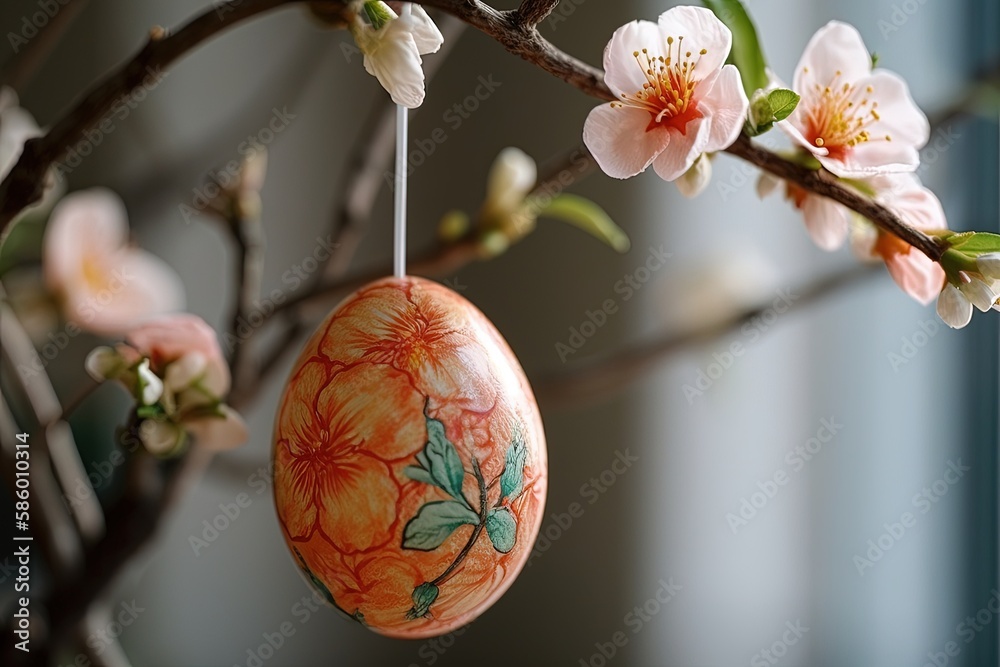 decorative Easter egg hanging from a tree branch created with Generative AI technology