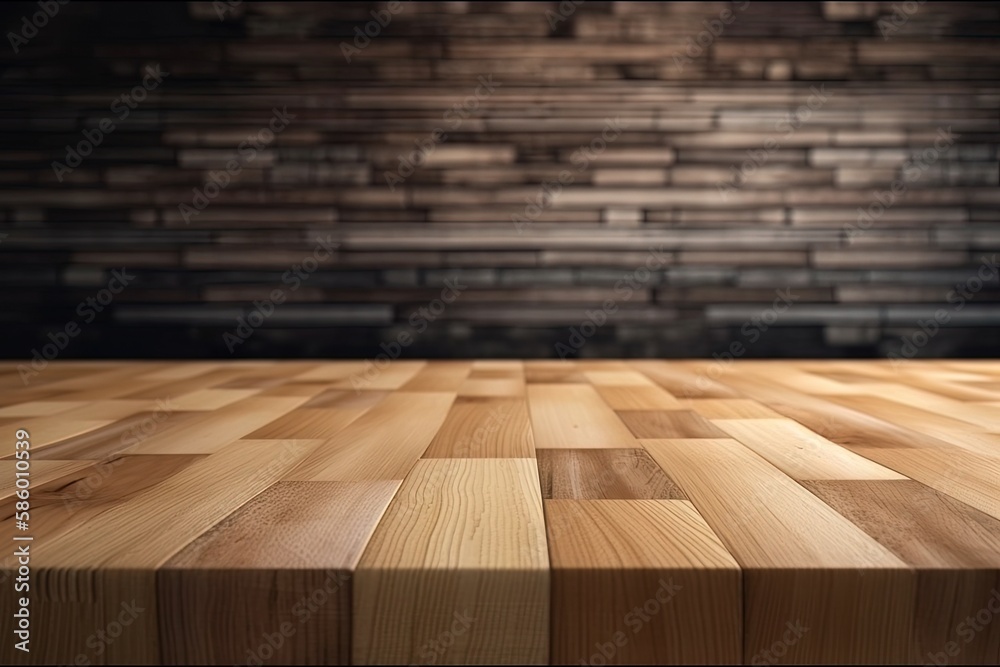 rustic wooden table top against a textured brick wall created with Generative AI technology