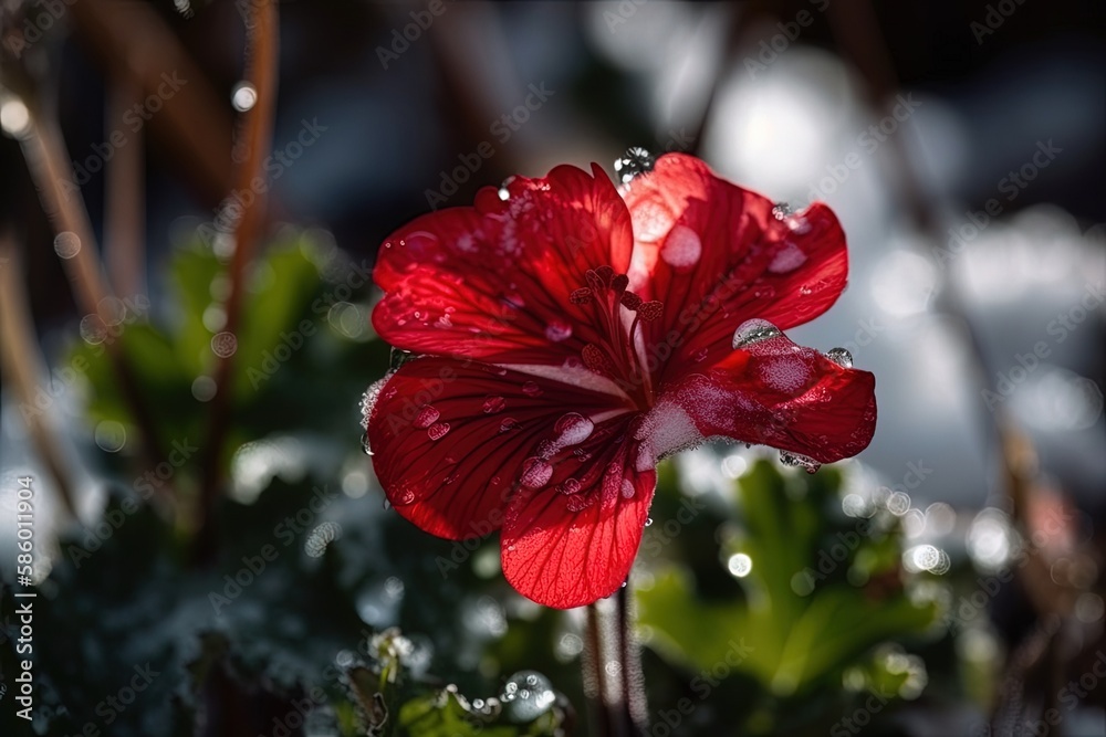 vibrant red flower with dew drops on its petals created with Generative AI technology