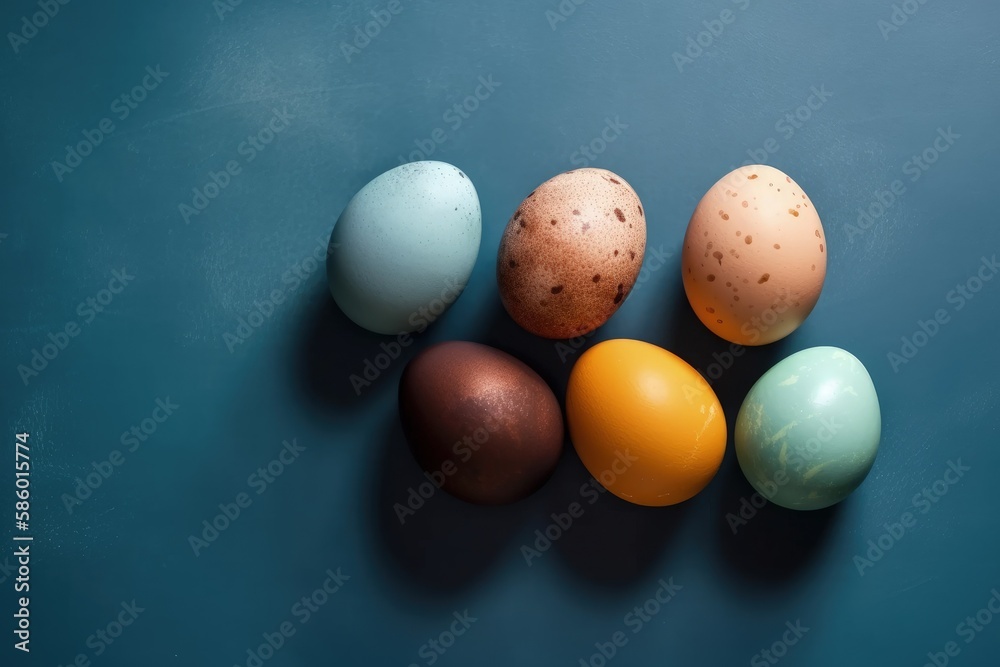 group of fresh eggs on a blue background created with Generative AI technology