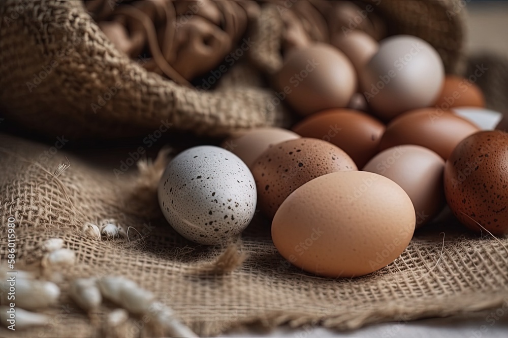 Illustration of eggs arranged in a basket on a wooden table created with Generative AI technology