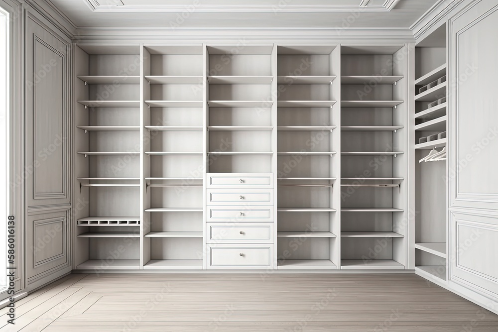 empty white closet with shelves and drawers created with Generative AI technology