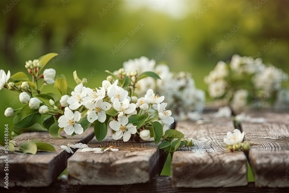 Illustration of white flowers arranged on a wooden table created with Generative AI technology