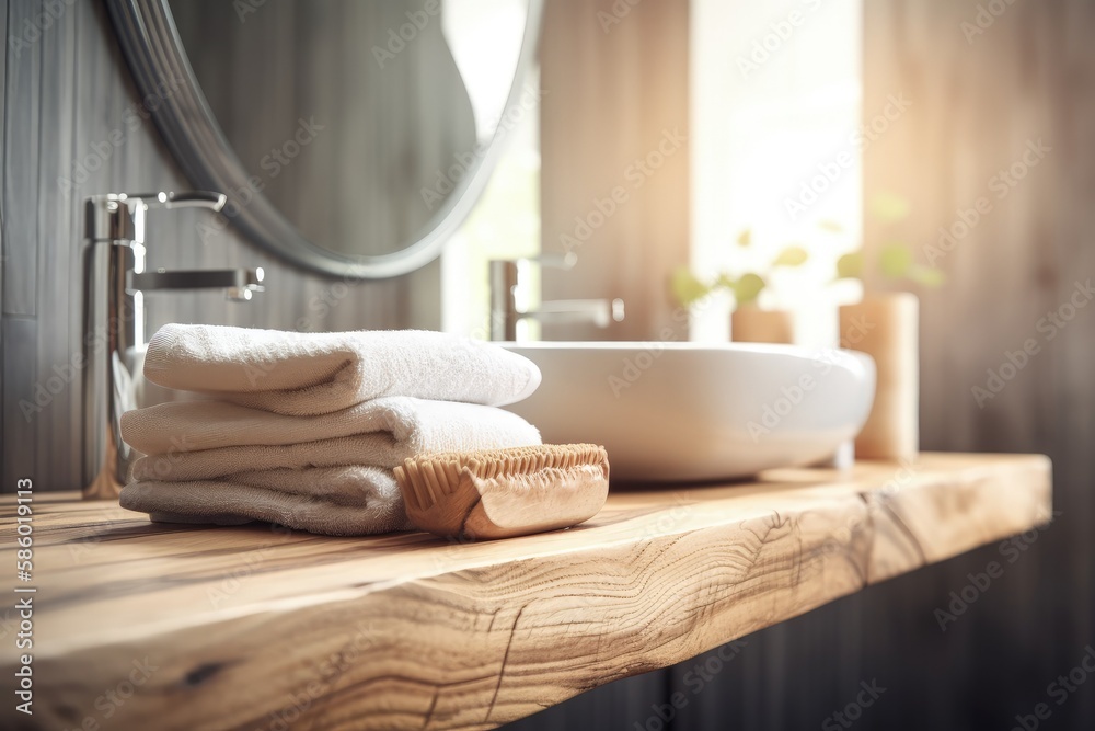 neat stack of towels on a rustic wooden countertop created with Generative AI technology