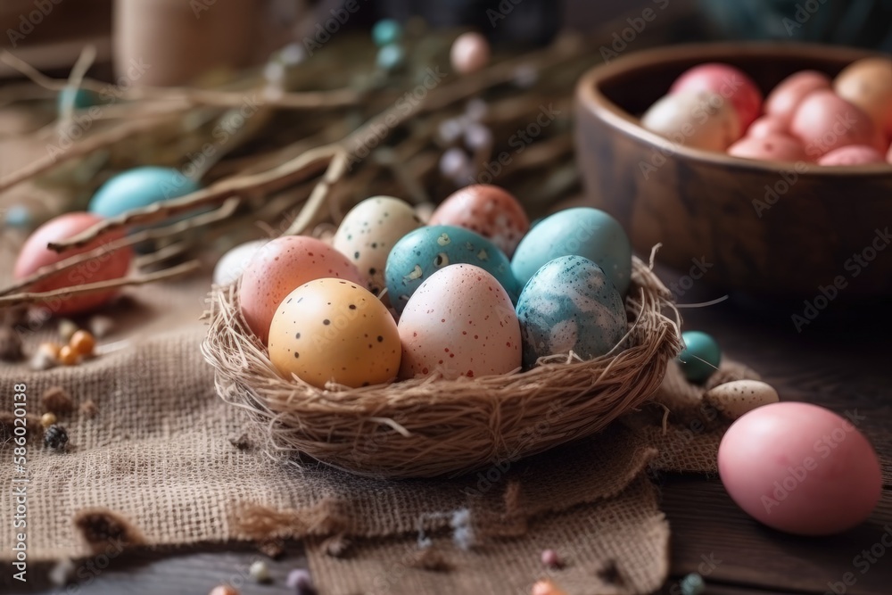 basket filled with fresh eggs on a wooden table created with Generative AI technology