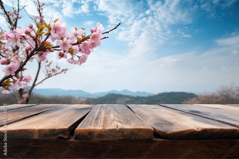 wooden table decorated with pink flowers created with Generative AI technology