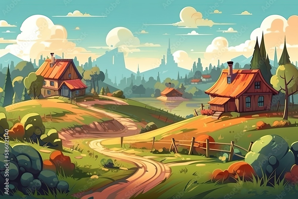 serene rural landscape with charming houses created with Generative AI technology