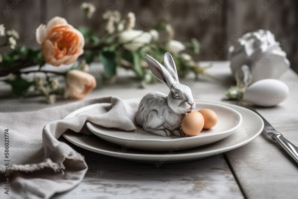 white plate with a sunny-side up egg and a cute bunny figurine created with Generative AI technology