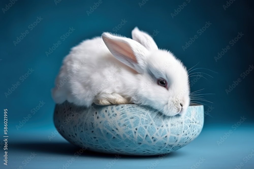 cute white rabbit sitting inside a blue bowl created with Generative AI technology