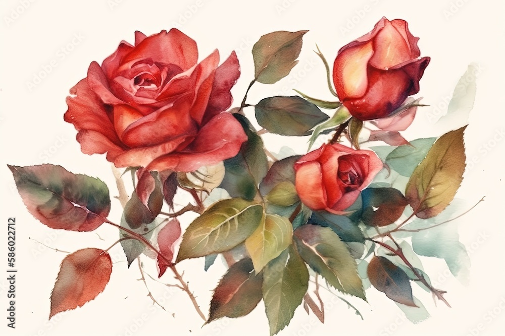 Illustration of three red roses with green leaves painted on a white background created with Generat