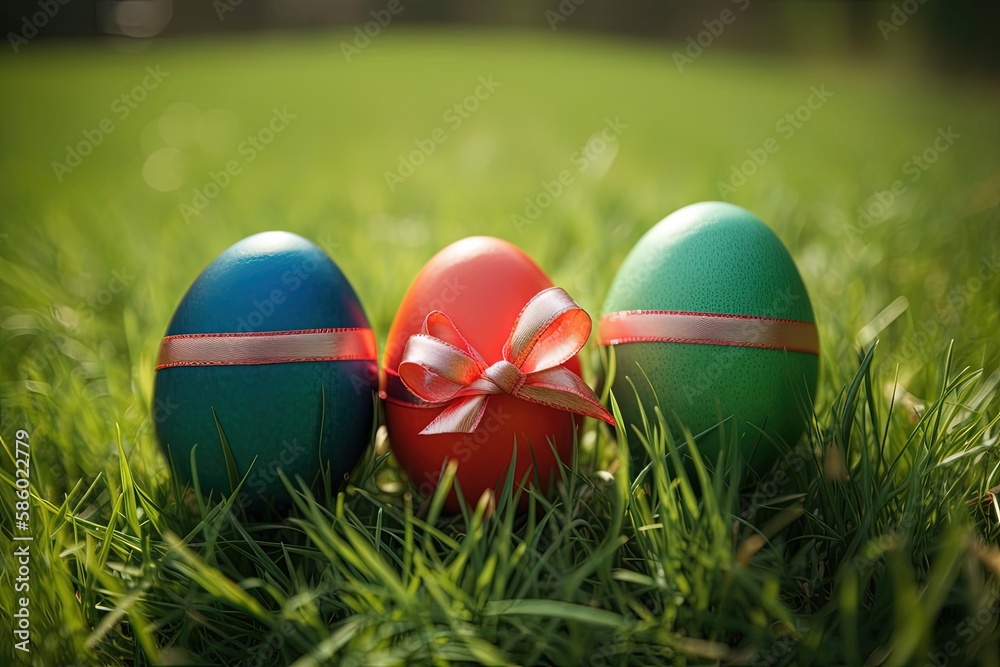 Illustration of three Easter eggs with a colorful bow on a green grass background created with Gener