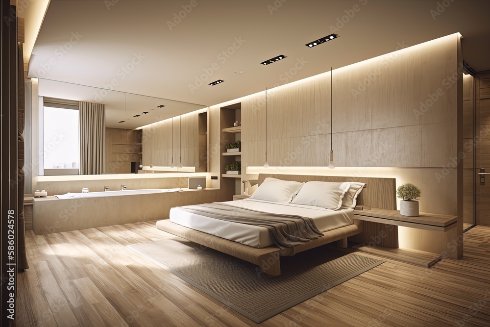 luxurious master bedroom with a king-sized bed and a freestanding bathtub created with Generative AI