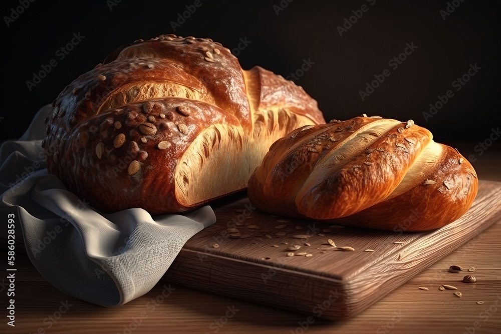 fresh loaf of bread on a rustic wooden cutting board created with Generative AI technology