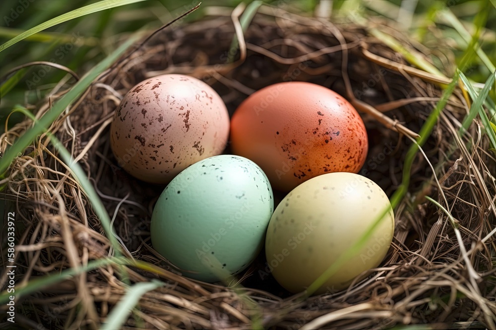 bird nest with multiple eggs nestled in grass created with Generative AI technology