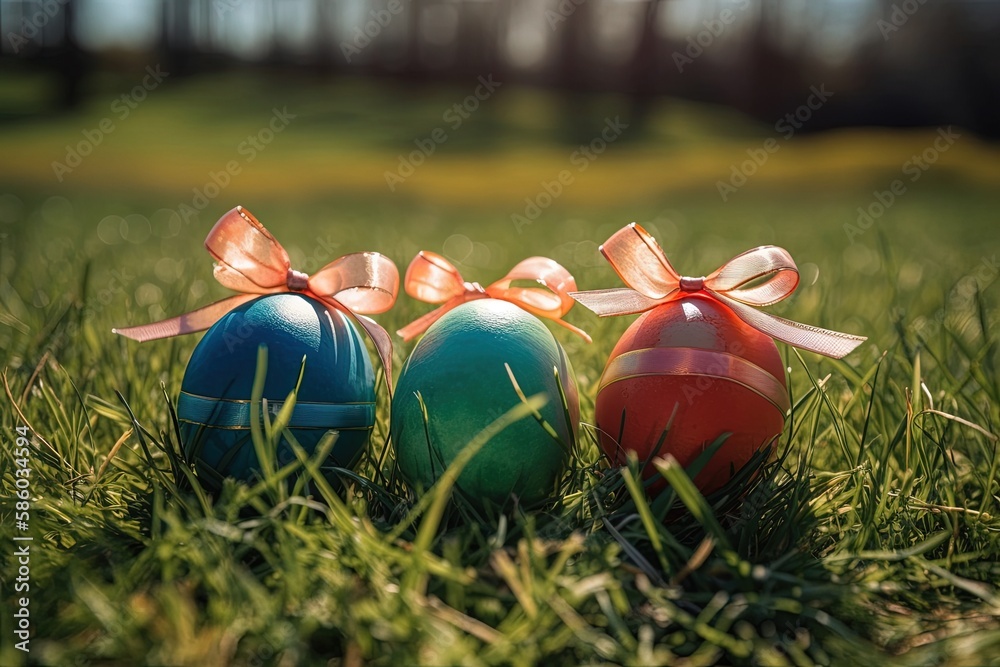 Illustration of two brightly colored Easter eggs with decorative bows resting in a field of green gr