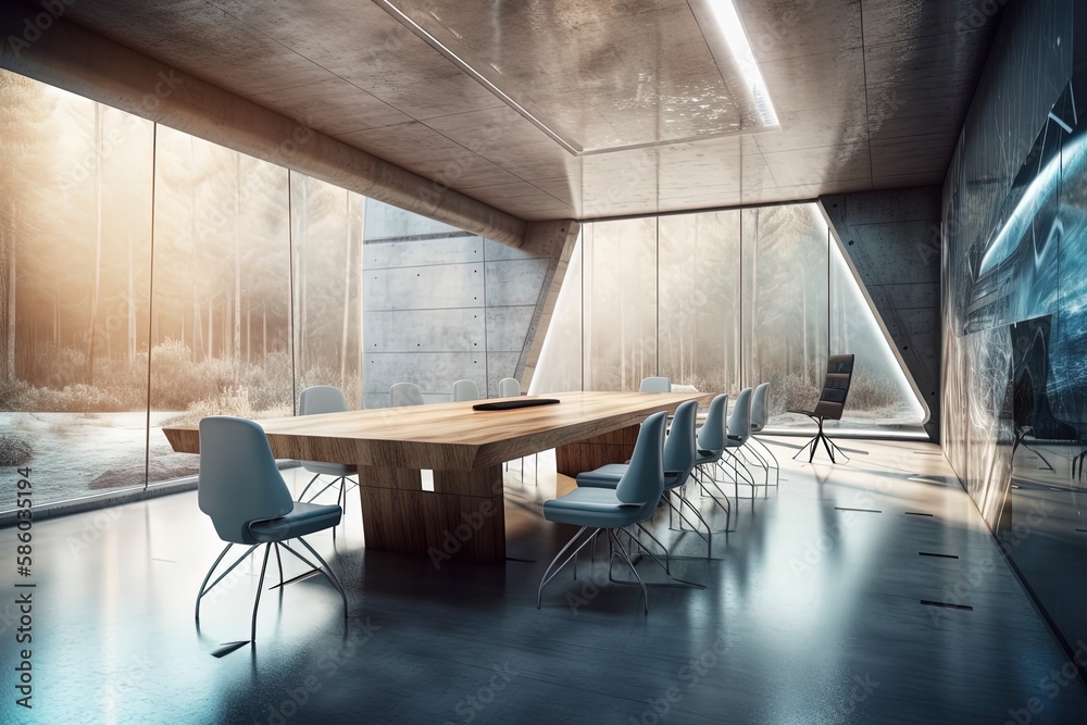 spacious conference room with a wooden table and blue chairs created with Generative AI technology