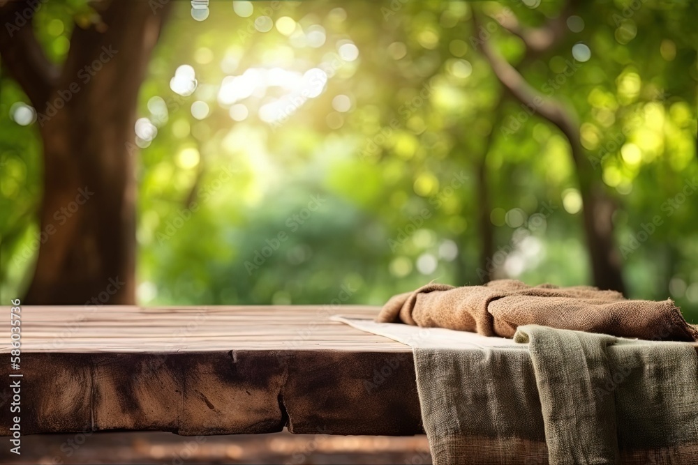 rustic wooden table with a white cloth draped over it created with Generative AI technology