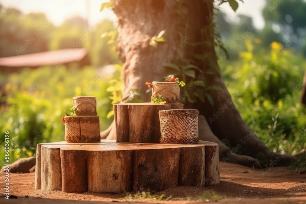 stack of wooden logs on a green meadow created with Generative AI technology