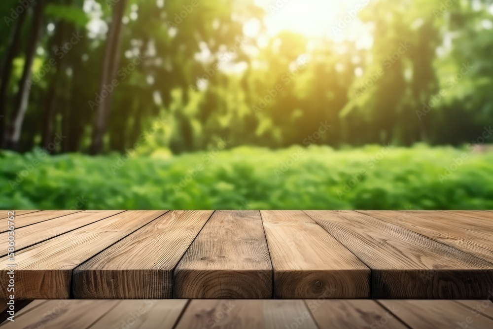 wooden table placed in the midst of a lush green forest created with Generative AI technology