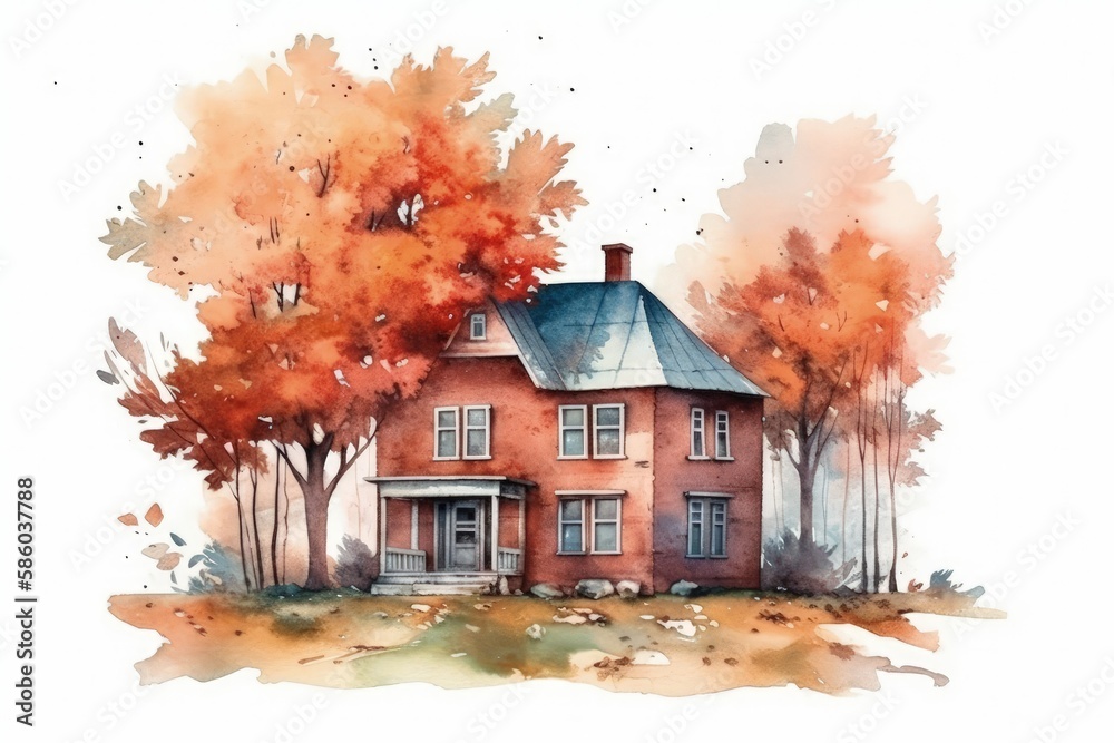 cozy cottage surrounded by lush trees in a watercolor painting created with Generative AI technology