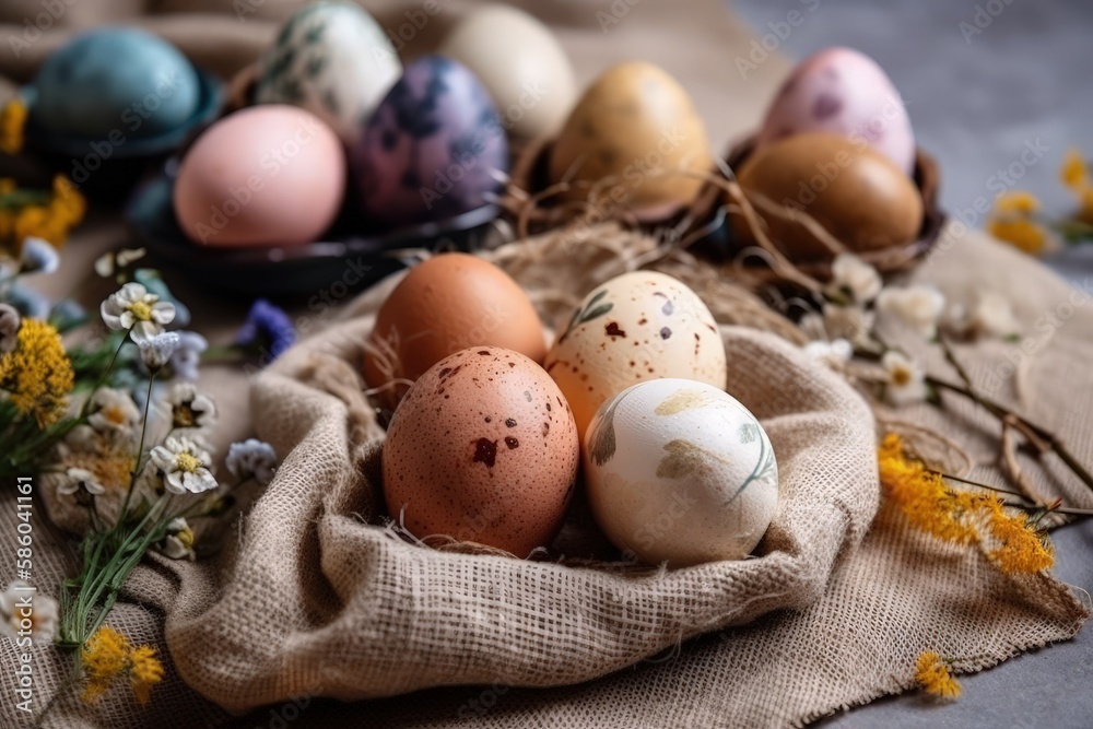 pile of fresh eggs on a rustic clot created with Generative AI technology