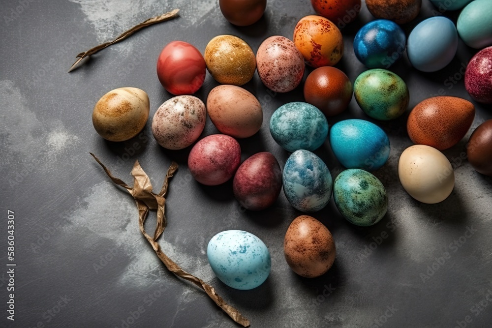 colorful Easter egg display on a table created with Generative AI technology