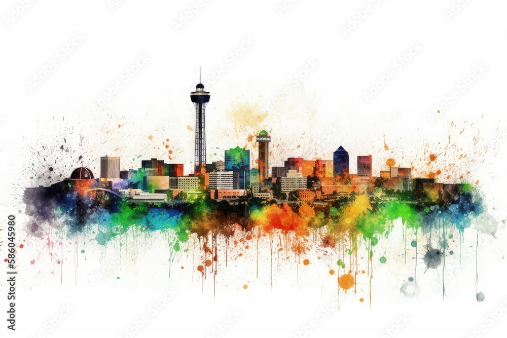 colorful watercolor painting of a city skyline against a white background created with Generative AI