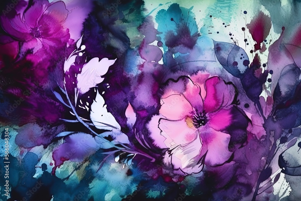 Illustration of purple flowers against a blue background in a painting created with Generative AI te