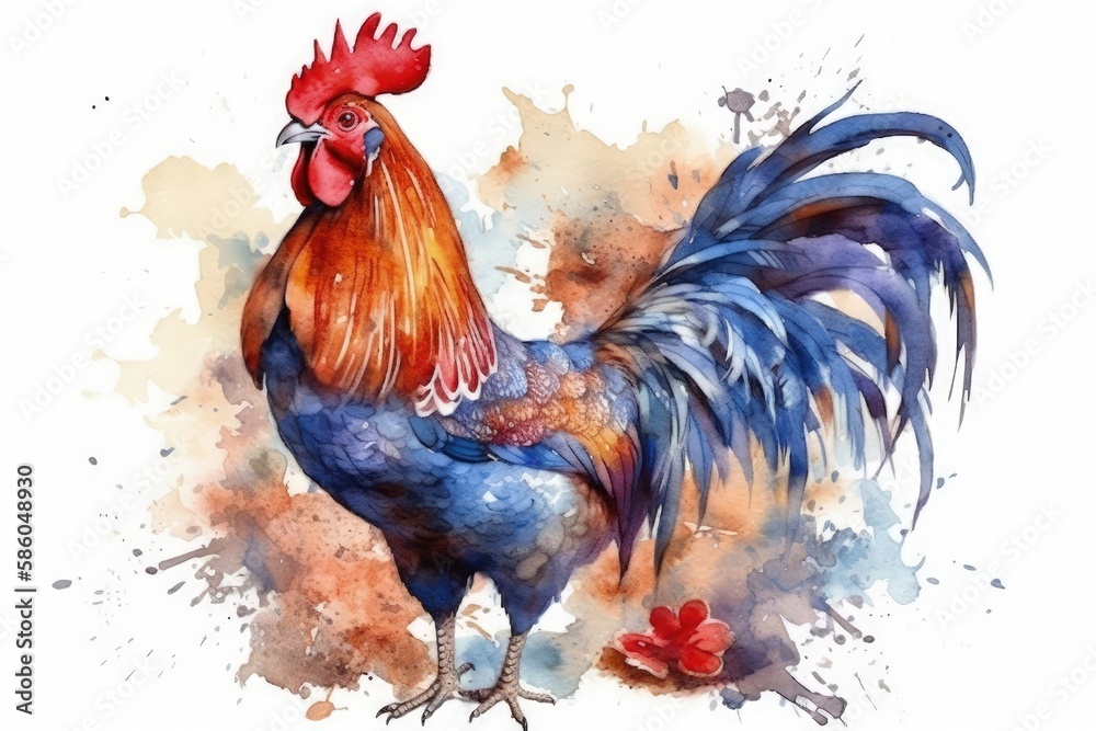 colorful rooster standing on a plain white background created with Generative AI technology