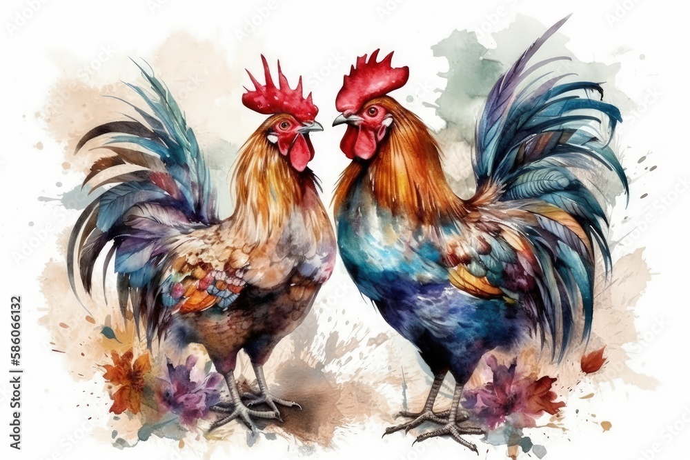 Illustration of two vibrant roosters standing side by side created with Generative AI technology