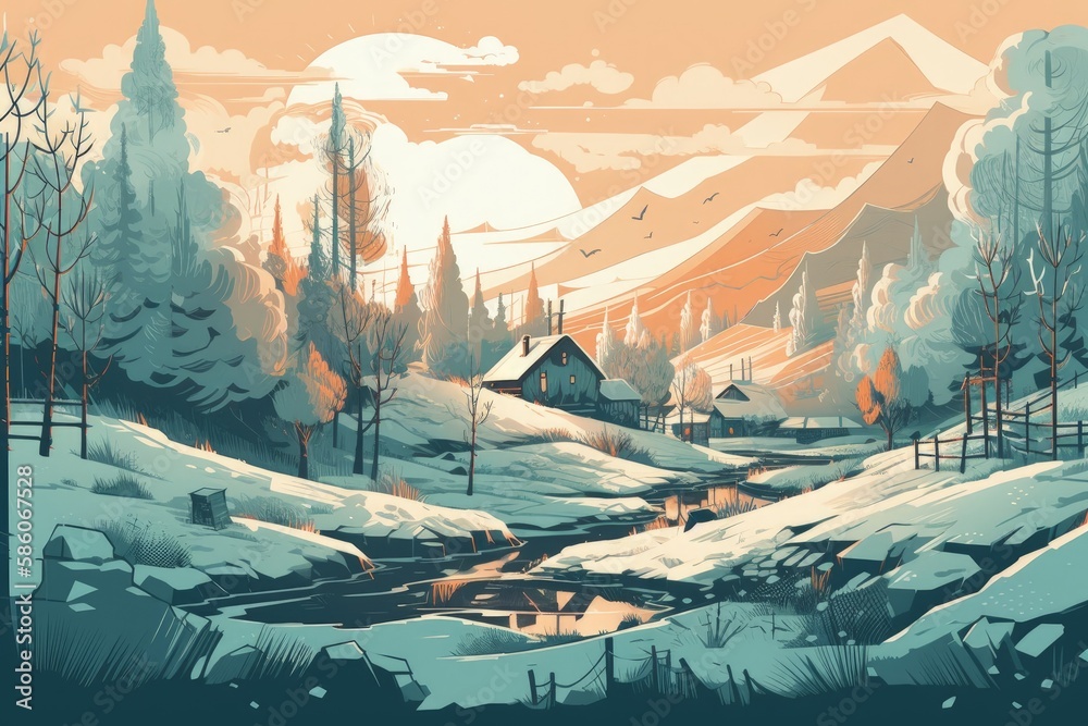 winter scene with a remote house in a snowy landscape created with Generative AI technology