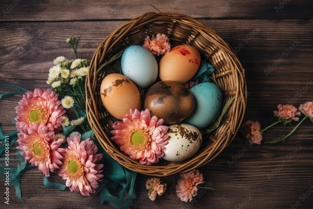 rustic basket filled with colorful eggs and fresh flowers on a wooden table created with Generative 