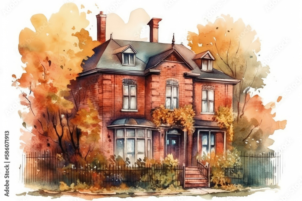 charming red brick house in a watercolor painting style created with Generative AI technology