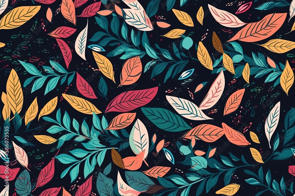 Illustration of colorful autumn leaves on a dark background created with Generative AI technology