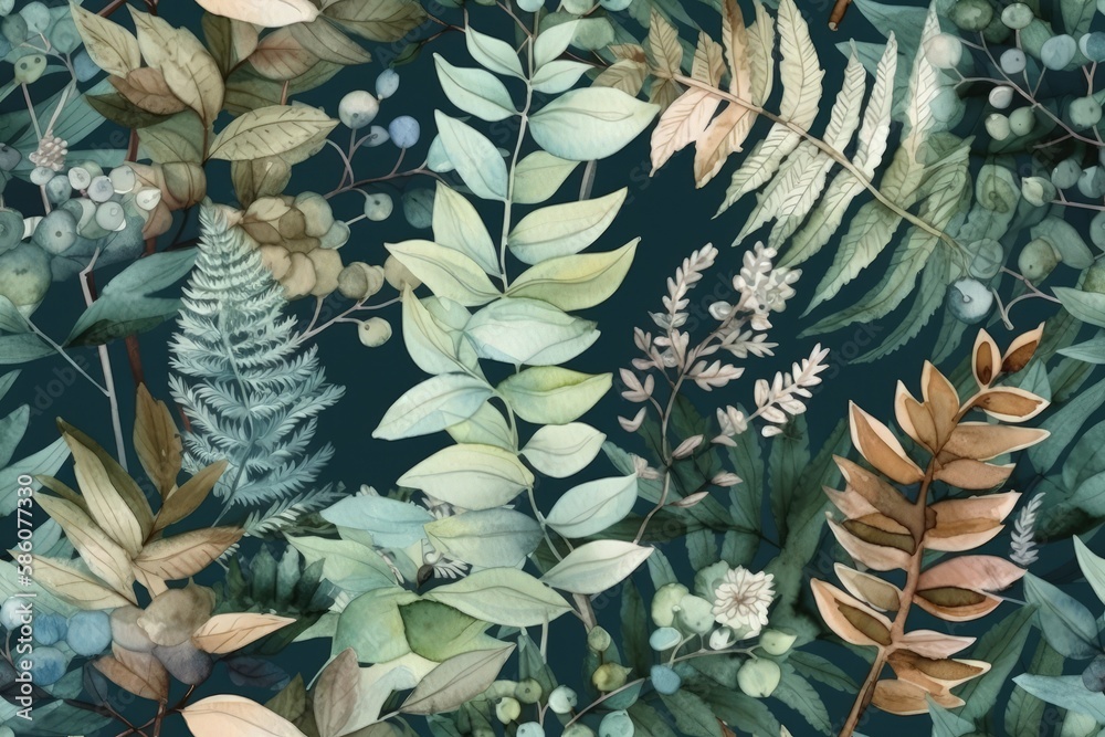 Illustration of lush green foliage and leaves in a watercolor painting created with Generative AI te