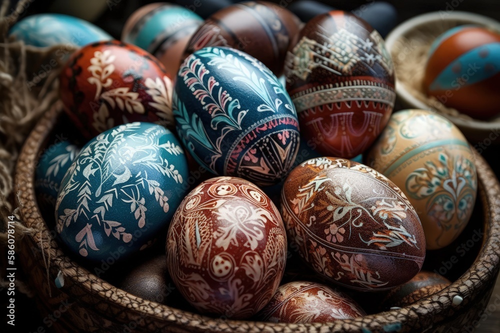 basket overflowing with vibrant painted Easter eggs created with Generative AI technology