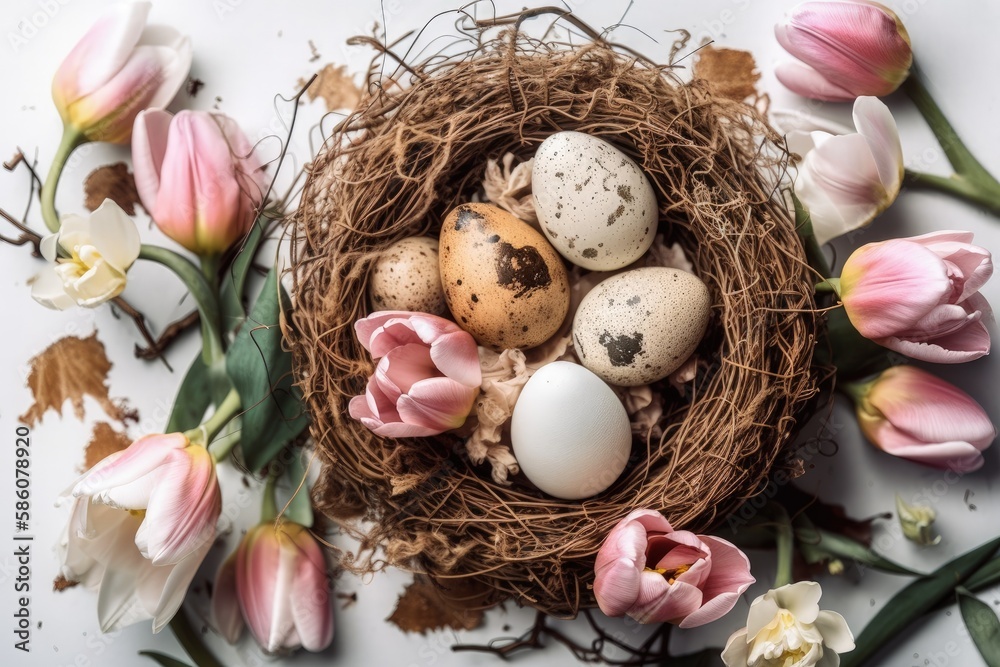 birds nest with colorful eggs and flowers on a white background created with Generative AI technolog