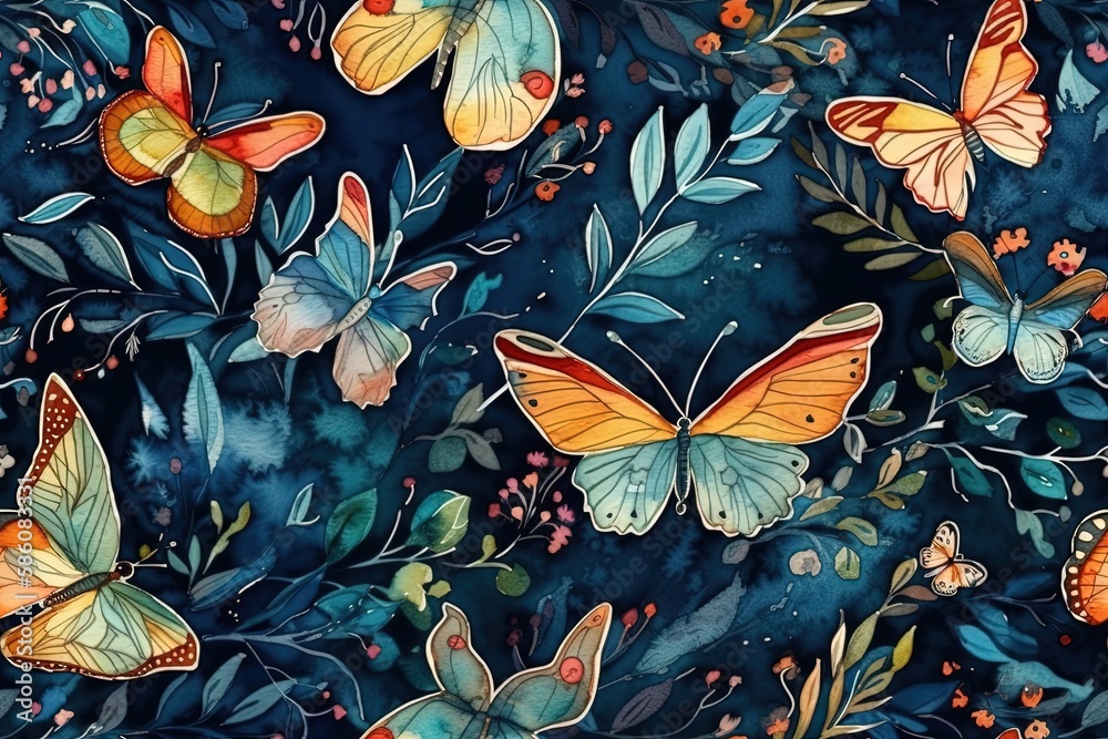 Illustration of colorful butterflies on a serene blue backdrop created with Generative AI technology