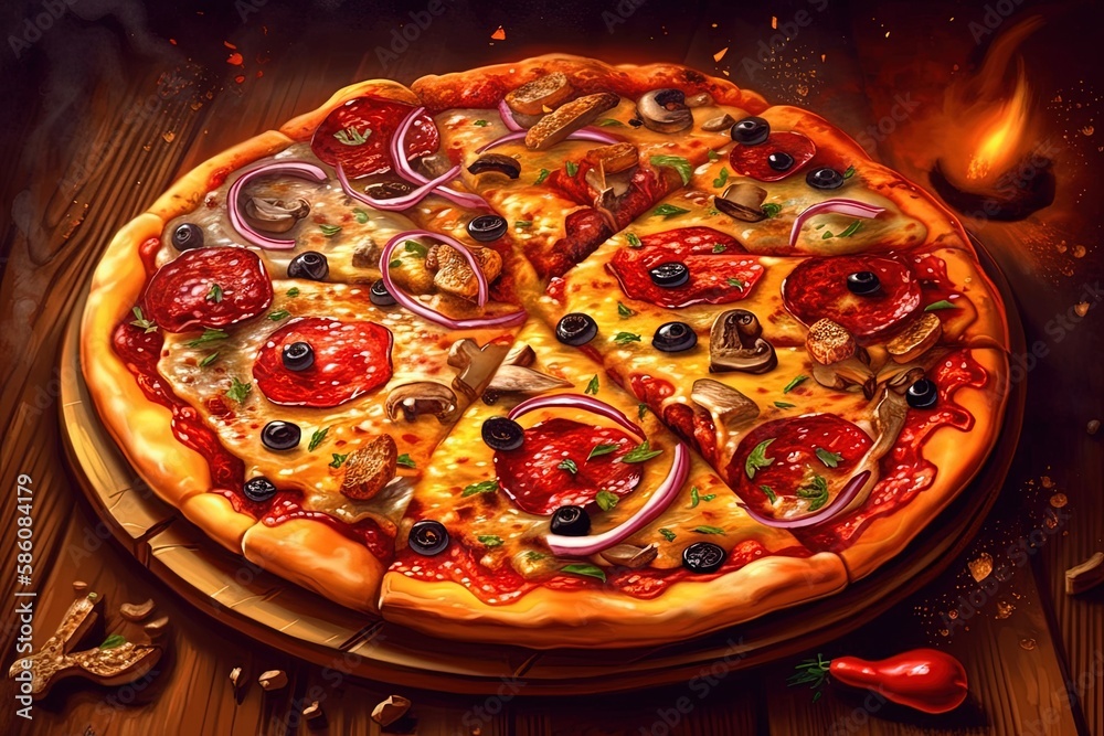 delicious pizza with a variety of toppings on a rustic wooden table created with Generative AI techn