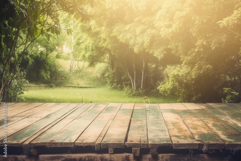 serene wooden deck nestled in the heart of a lush forest created with Generative AI technology