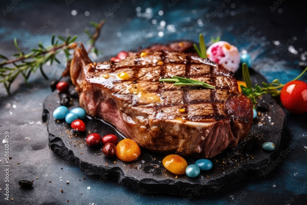 juicy steak served on a rustic slate platter created with Generative AI technology